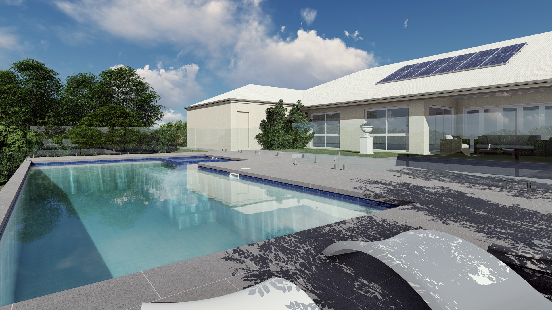 3D rendering services visualisation of an expansive swimming pool with clear blue water reflecting the sky, part of a modern residential estate with solar panels.