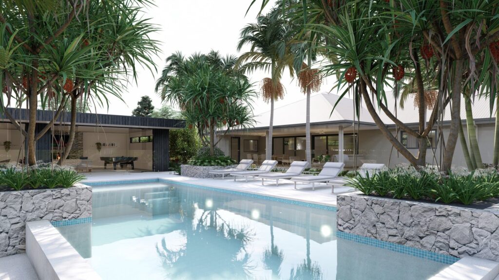 3D image of pool and outdoor living